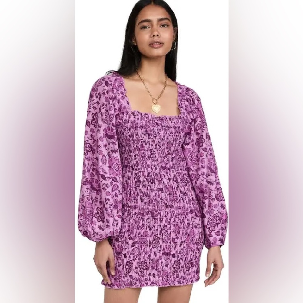 Free People Smock it to Me Balloon Puff Sleeve Purple Floral Mini Dress Size S
